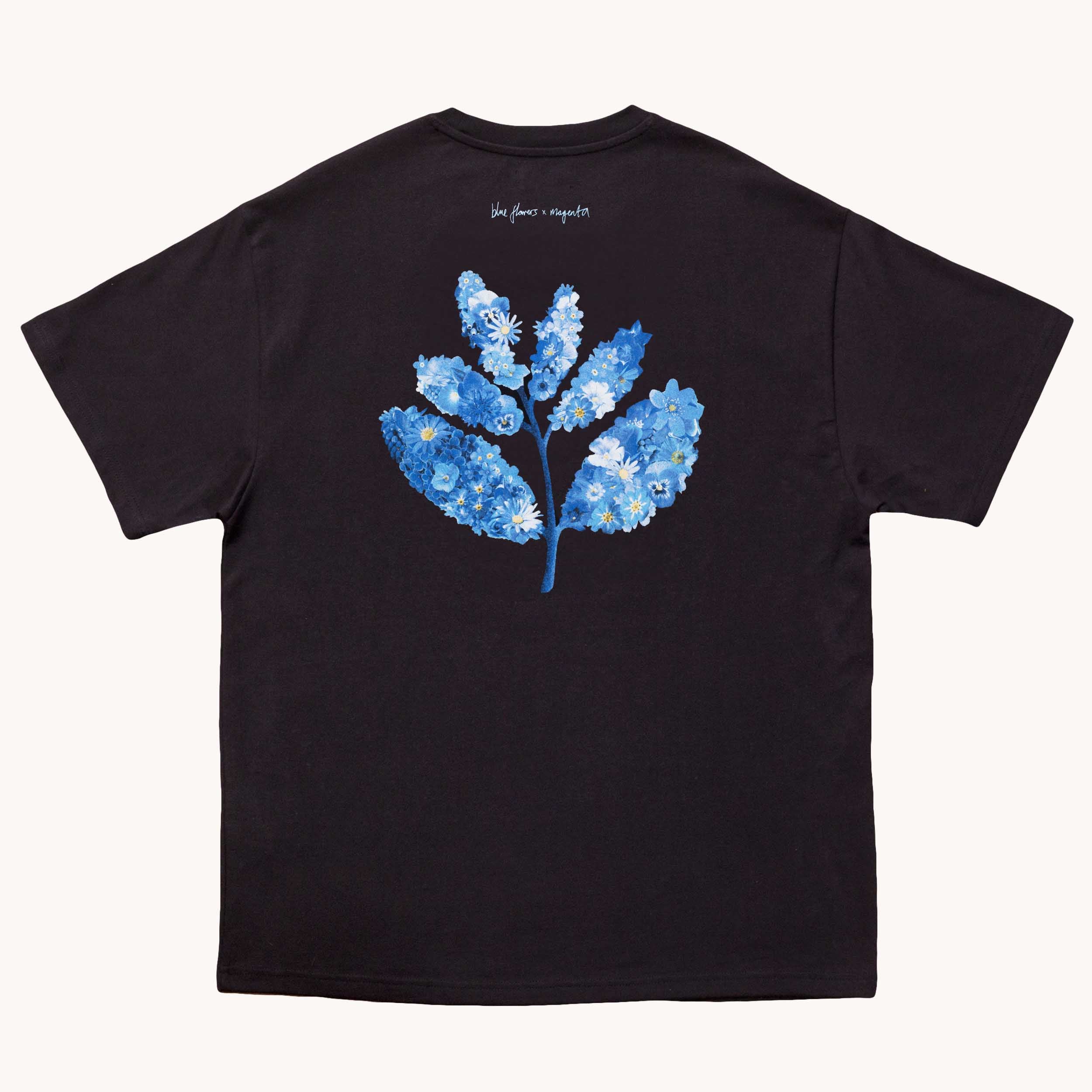 BLUE FLOWERS X MAGENTA T SHIRT - BLACK