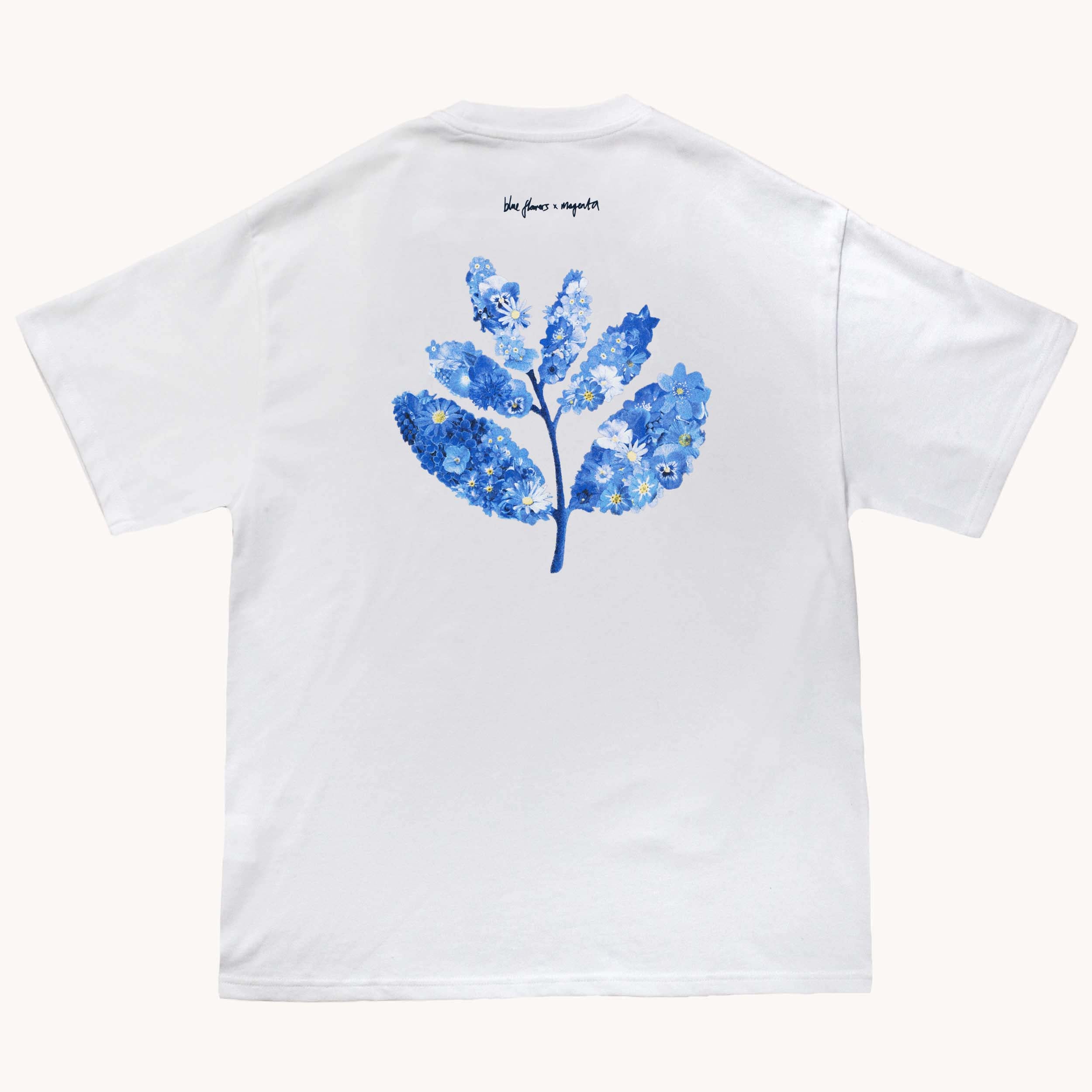 BLUE FLOWERS X MAGENTA T SHIRT - WHITE